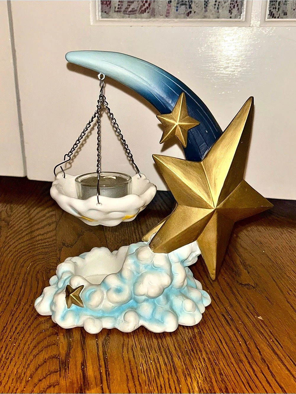 Vintage Y2k Whimsical Celestial Crescent Moon, Stars & Clouds Candle Holder